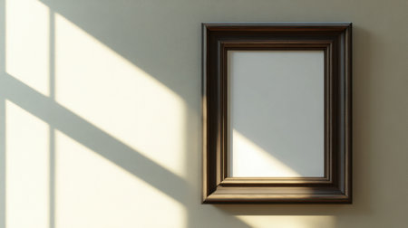 A stylish empty picture frame mounted on a wall, beautifully illuminated by soft sunlight and creating gentle shadows, perfect for showcasing art or decor ideas.の素材