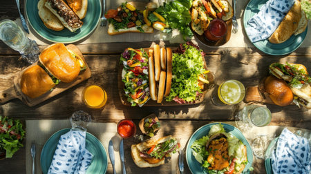 A vibrant outdoor dining setup featuring an array of gourmet foods, fresh vegetables, and beverages surrounded by bright sunlight, perfect for summer gatherings and celebrations.の素材