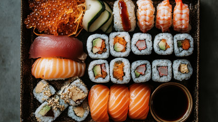 A vibrant and diverse sushi platter showcases an array of sushi rolls, fresh seafood, and toppings arranged beautifully, ideal for culinary enthusiasts and food photography.の素材