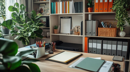 A beautifully organized home office featuring green plants, colorful storage, and essential stationery, creating a vibrant and productive workspace perfect for creativity and focus.の素材