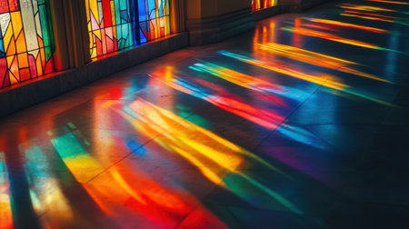 A stunning display of colorful light filtering through stained glass, casting vibrant shadows on the floor, creating an atmospheric and tranquil interior space.の素材