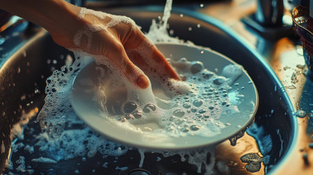 A hand is immersed in a kitchen sink, scrubbing a plate surrounded by soapy water, reflecting a lively scene of domestic cleaning and hygiene practices.の素材