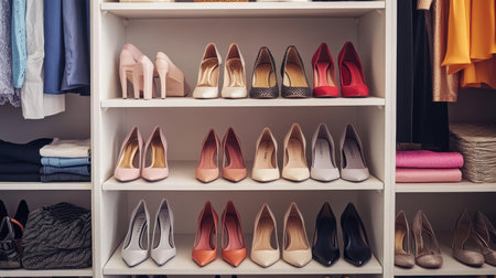 A stylish closet showcases a beautiful arrangement of high heels in various colors, accompanied by neatly folded clothing, creating a chic and organized fashion space.の素材