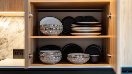 Beautiful kitchen cabinet showcasing a stylish arrangement of black and white bowls and plates, perfect for adding elegance and organization to any modern home decor.の素材