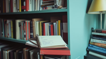 A cozy reading nook featuring an open notepad on a colorful stack of books, illuminated by a stylish lamp against a beautifully organized bookshelf. Perfect for inspiration and creativity.の素材