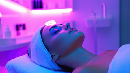 A serene moment captured in a spa, showcasing a woman enjoying a facial treatment under soothing ambient lights, highlighting the essence of relaxation and self-care.の素材