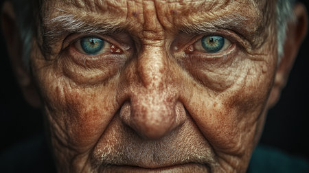 This captivating close-up portrait showcases an elderly man with striking blue eyes and weathered skin, reflecting profound wisdom and life experiences in exquisite detail.の素材