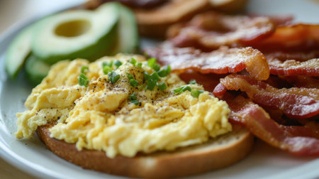 Enjoy a mouthwatering breakfast plate that showcases scrambled eggs, crispy bacon, fresh avocado slices, and toasted bread, perfect for energizing mornings and satisfying cravings.の素材