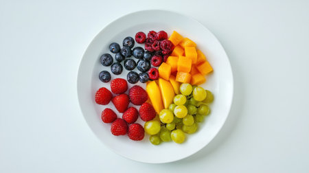 A vibrant and delicious assortment of fresh fruits presented on a white plate, perfect for healthy snacking or adding a colorful touch to any meal or event.の素材