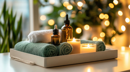 A serene composition featuring essential oils, soft towels, and flickering candles on a tray, creating a calming atmosphere for relaxation and self-care.の素材