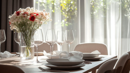 A beautifully arranged dining table featuring fresh flowers, elegant glassware, and simple dishes. Sunlight streams through curtains, creating a warm, inviting atmosphere perfect for special occasions.の素材