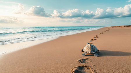 A solitary turtle makes its way across a tranquil beach, leaving footprints in the smooth sand while the sun rises in a picturesque coastal scene.の素材
