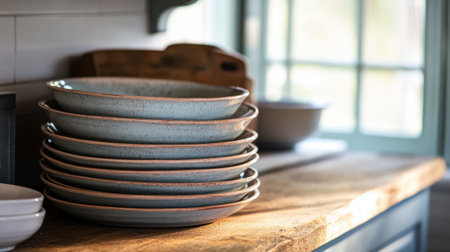 A beautifully arranged stack of ceramic plates rests on a rustic wooden counter in a cozy kitchen, illuminated by soft natural light, inviting culinary creativity and warm gatherings.の素材