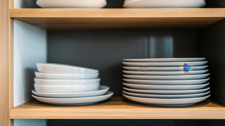 A collection of white plates stacked neatly on wooden shelves in a contemporary kitchen. The minimalist design offers a clean look while emphasizing storage and organization in home dining spaces.の素材