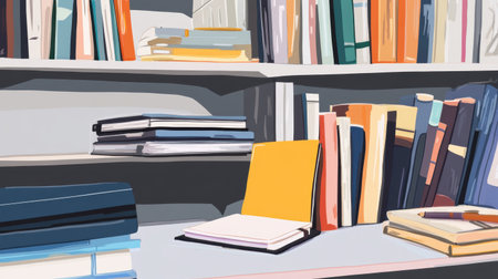 A charming study corner featuring an array of colorful books and notebooks on wooden shelves, ideal for fostering a creative and learning atmosphere in any environment.の素材