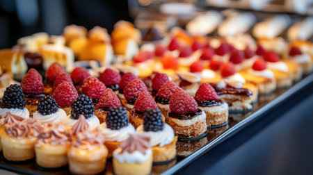 A vibrant display of assorted miniature cakes and pastries topped with fresh berries, perfect for parties and events, showcasing artistic dessert craftsmanship.の素材