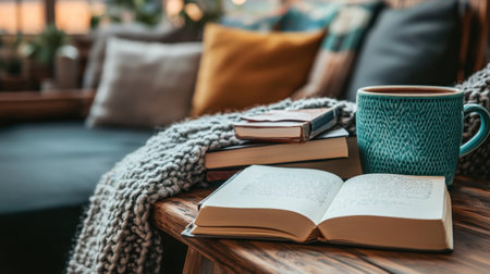 A beautifully arranged indoor scene featuring an open book, a comforting cup of tea, and soft textiles, creating the perfect atmosphere for relaxation and cozy moments.の素材
