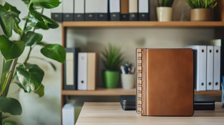 A sophisticated leather notebook sits prominently on a wooden desk surrounded by greenery and organized office supplies, creating a tranquil work environment.の素材