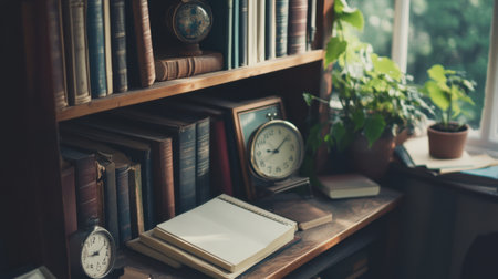 A charming study corner featuring vintage books, classic clocks, and green plants, bathed in natural light, perfect for creating a serene reading or reflective space.の素材