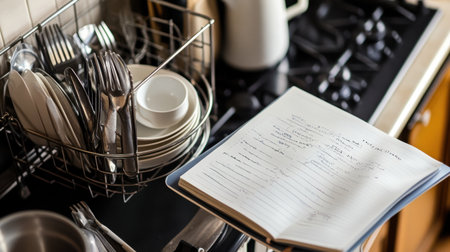 A charming kitchen setup featuring dishes in a drying rack next to a handwritten recipe notebook, perfect for inspiring home cooks and culinary creativity.の素材