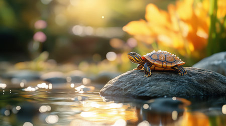 A vibrant turtle rests on a smooth rock by the water, surrounded by colorful flowers and soft glimmers of light, creating a peaceful natural scene in a serene outdoor setting.の素材