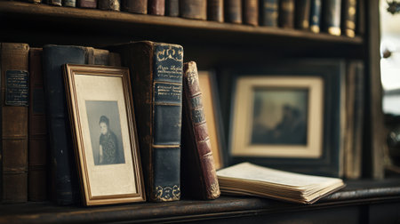 A captivating scene featuring vintage books and framed photographs on a wooden shelf, exuding a warm and nostalgic atmosphere, ideal for evoking elegance and literary charm.の素材
