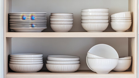 This image features an organized display of elegant dishware in soft neutral tones, highlighting the beauty of minimalistic design and ideal for contemporary kitchen decor.の素材