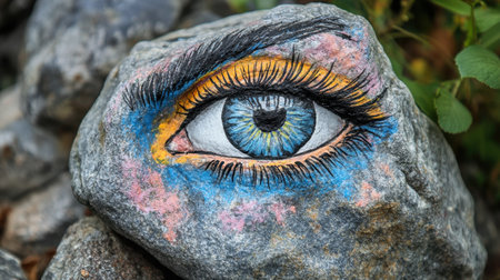 A stunning hand-painted eye design on a rock showcases vibrant colors and intricate details, blending art with nature and providing an inspiring visual experience.の素材