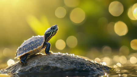 A charming turtle perches on a rock in a tranquil setting, surrounded by soft bokeh lights and gentle sunlight, creating a serene atmosphere ideal for nature lovers.の素材