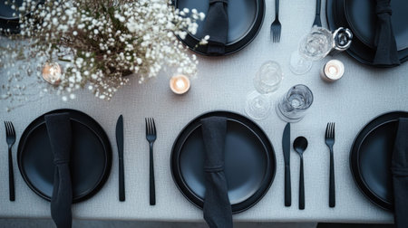 An exquisite dining arrangement featuring sleek black plates, modern cutlery, and soft candlelight, creating a warm and inviting atmosphere for any special occasion.の素材