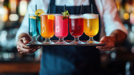 A tempting arrangement of colorful cocktails is presented on a stylish tray, showcasing the vibrant hues and refreshing ingredients perfect for any festive occasion.の素材