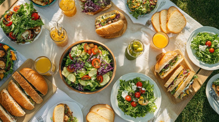 An inviting outdoor picnic setup featuring an array of fresh salads, hearty sandwiches, refreshing drinks, and colorful fruits that enhance any summer gathering experience.の素材