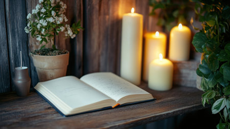 A serene and inviting atmosphere featuring an open book surrounded by glowing candles and a small plant, perfect for creating a cozy reading space at home.の素材