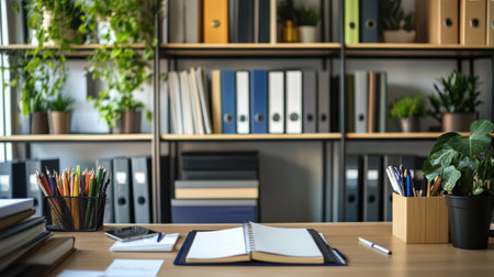 A serene and modern workspace featuring a minimalist desk adorned with notebooks, stationery, and greenery, designed to inspire creativity and productivity.の素材