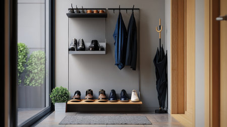 A chic entryway featuring a stylish shoe rack, coat storage, and elegant decor. The bright space highlights minimalistic design while providing functionality in a home setting.の素材
