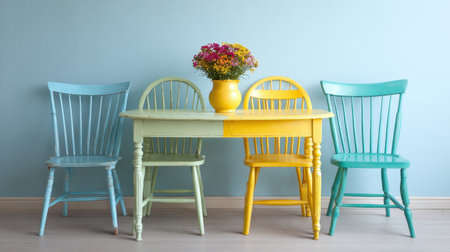 A charming dining setup featuring a vibrant table and mismatched chairs, adorned with a cheerful flower vase, creating an inviting and bright atmosphere for any home.の素材
