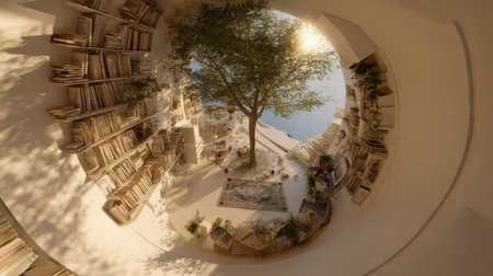 A tranquil circular interior with a large tree, surrounded by bookshelves and natural light, ideal for reading, studying, and relaxation. An inviting and peaceful retreat.の素材