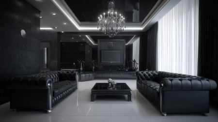 This sophisticated living room showcases luxurious black and white decor with tufted sofas, a striking chandelier, and ample daylight pouring through sheer curtains.の素材