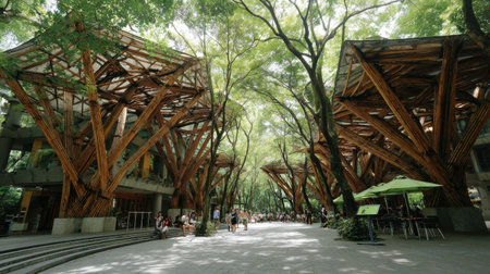 This stunning image captures unique wooden structures within a lush urban park, showing people enjoying nature and the beautiful architectural design that blends harmoniously.の素材
