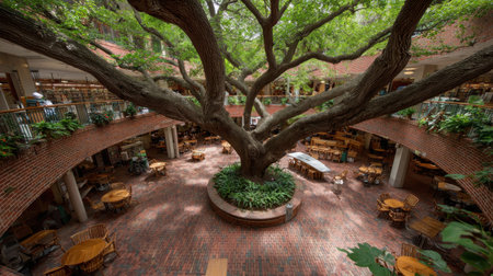 An impressive tree forms the heart of this inviting indoor courtyard, surrounded by inviting tables, vibrant greenery, and a warm brick floor, creating an ideal relaxation spot.の素材