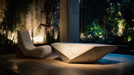 This striking lounge area features unique concrete furniture and lush greenery, creating a calm and inviting atmosphere suitable for modern interior design projects.の素材