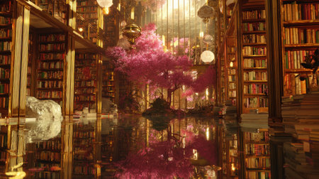 A vivid and serene library scene featuring a lush pink tree surrounded by bookshelves and water reflections, illuminated by warm ambient light and floating lanterns.の素材