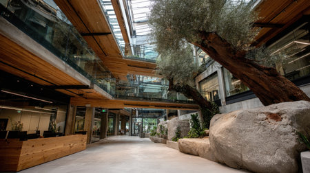 A striking modern office space combining glass and wood, featuring an olive tree for a refreshing atmosphere, perfect for fostering creativity and collaboration in the workplace.の素材