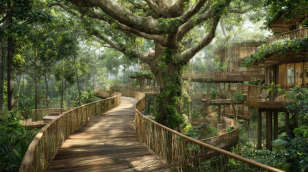 Explore a stunning scene featuring treehouses perched among ancient trees, connected by wooden walkways in a serene forest filled with vibrant greenery and rich biodiversity.の素材