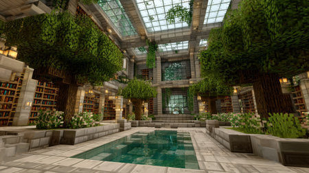 A captivating indoor garden featuring lush trees, a tranquil water feature, and extensive bookshelves, all illuminated by natural light, creating a peaceful oasis.の素材