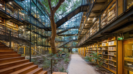 A stunning contemporary library featuring a blend of glass architecture and natural elements, creating a serene environment ideal for reading and learning.の素材