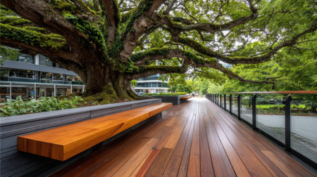 Enjoy a tranquil urban scene featuring a beautiful wooden walkway beneath a grand tree, inviting relaxation and admiration of nature's splendor in a modern setting.の素材