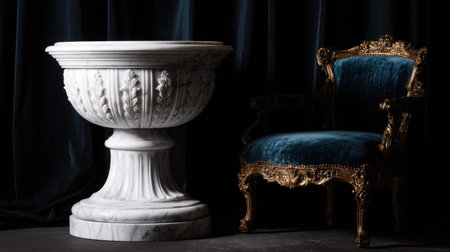 A stunning marble pedestal features intricate design, paired with an opulent vintage chair in blue velvet, creating a sophisticated decor element in any stylish room.の素材