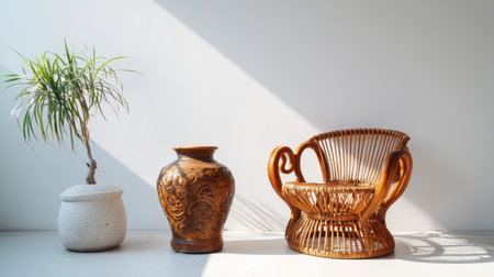 A beautifully arranged indoor scene featuring a wicker chair, an intricately designed clay vase, and a thriving plant, perfect for illustrating modern decor themes.の素材