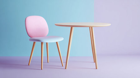 A stylish and modern setting showcasing a pastel blue and pink chair beside a round wooden table, perfect for various interior design concepts and vibrant decor themes.の素材